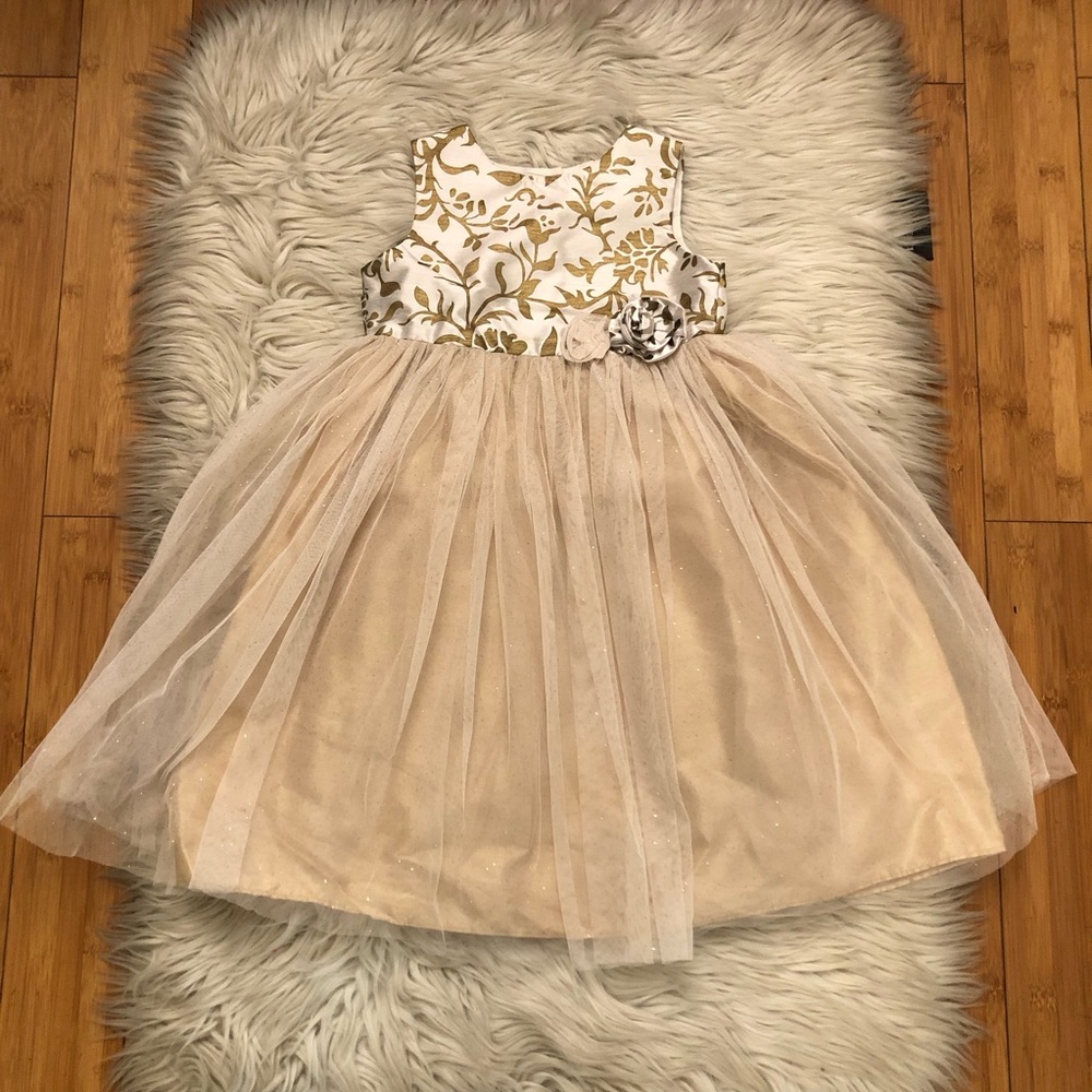 Cherokee Holidays Sparkle Metallic Tulle Floral Cream Gold Toddler Girl Dress 4T